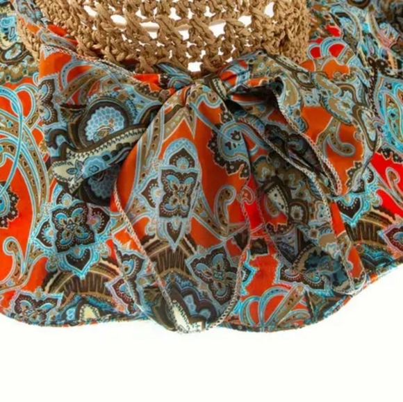 Sunhat Boho Crochet Wired Rim Cloth Weaved Bow NEW - Picture 3 of 6